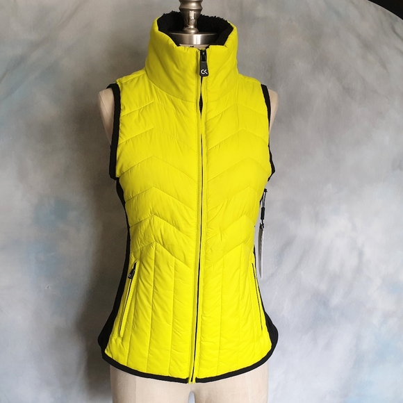 Calvin Klein Performance Neon Yellow & Blk Fleece Lined Mock Neck Puffer Vest XS - Picture 11 of 16